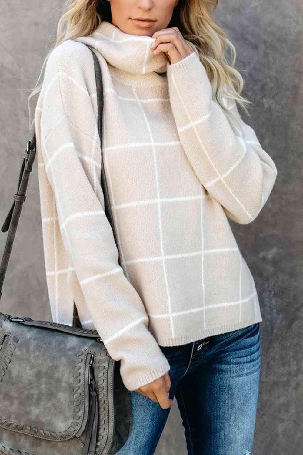 LGC Plaid Turtleneck Drop Shoulder Sweater - Le Grand Chevalier Le Grand Chevalier Trendsi Women sweaters