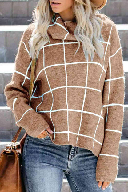 LGC Plaid Turtleneck Drop Shoulder Sweater - Le Grand Chevalier Le Grand Chevalier Trendsi Women sweaters