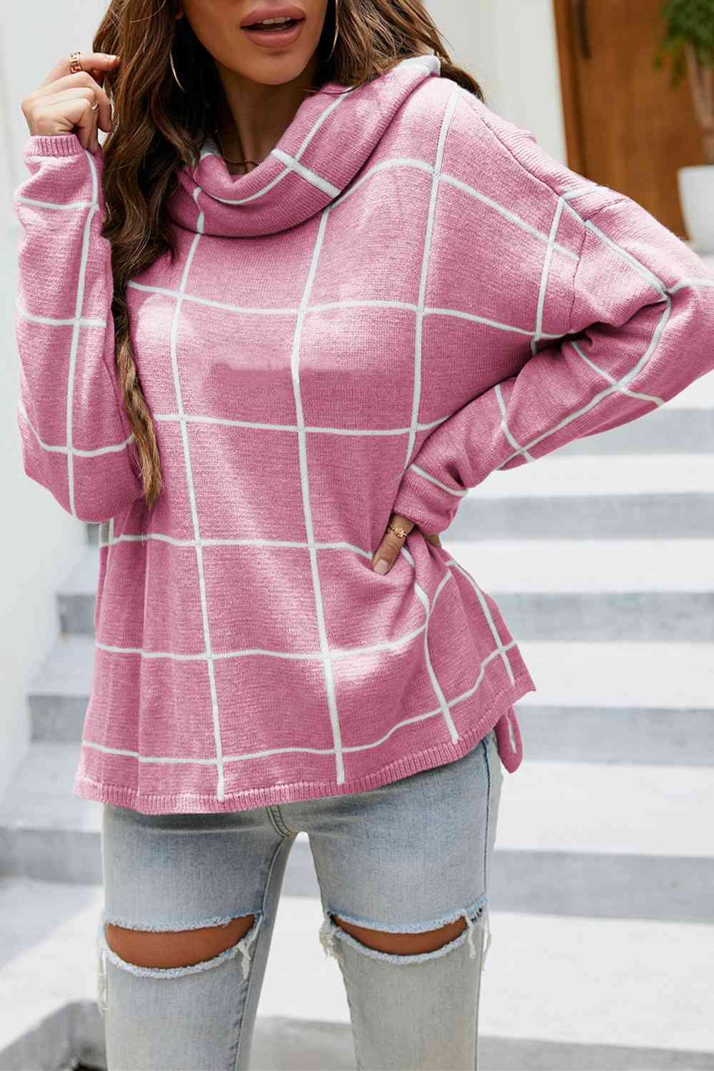 LGC Plaid Turtleneck Drop Shoulder Sweater - Le Grand Chevalier Le Grand Chevalier Trendsi Women sweaters