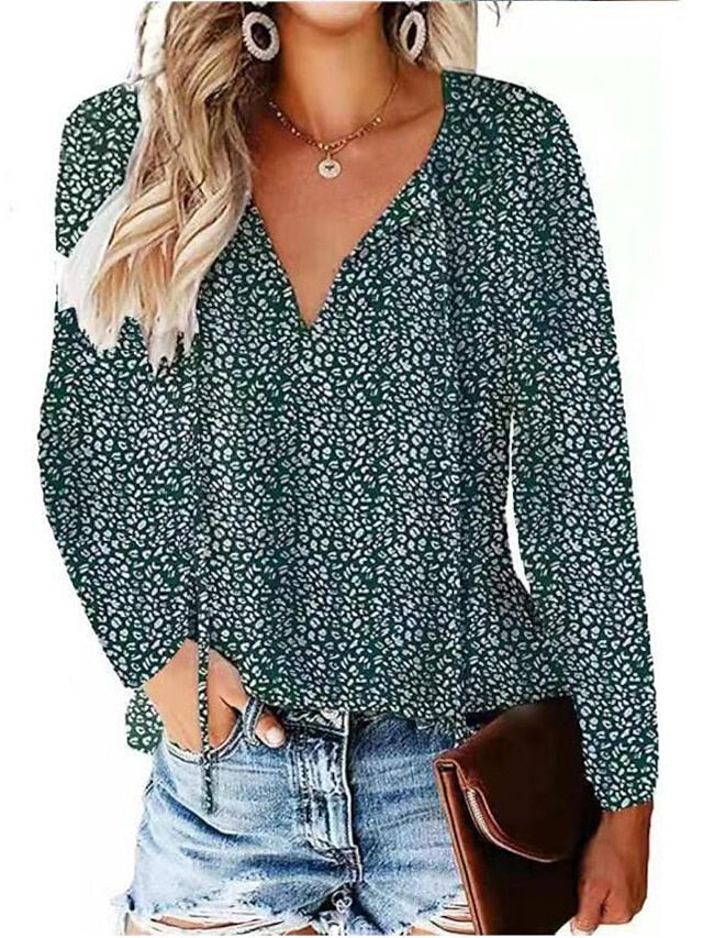 Women's Shirt Blouse Black Light Green Pink Leopard Lace up Print Long Sleeve Daily Weekend Streetwear Casual V Neck Regular S - LuckyFash™