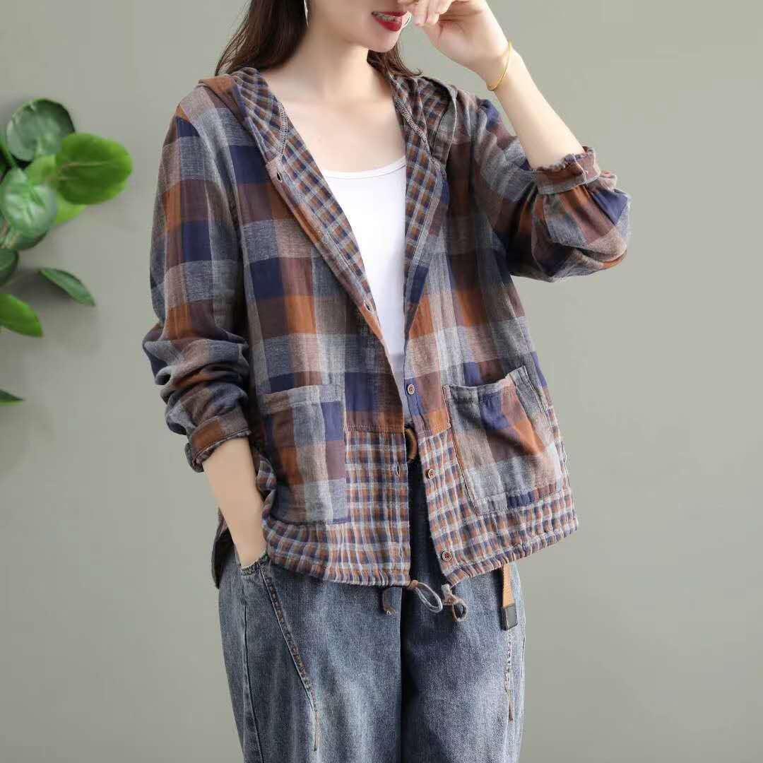 Literary Original Cotton Hooded Plaid Jacket - Trendha