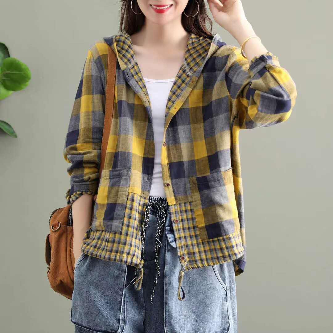 Literary Original Cotton Hooded Plaid Jacket - Trendha