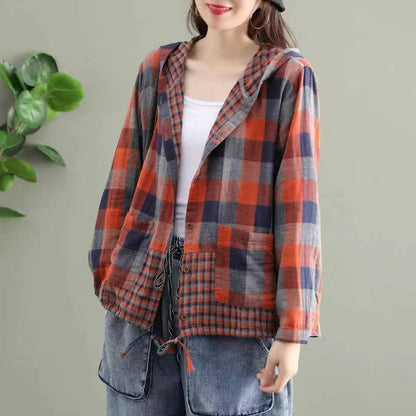 Literary Original Cotton Hooded Plaid Jacket - Trendha