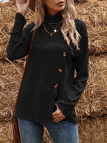 Long Sleeve Asymmetric Button Split High Neck Sweater