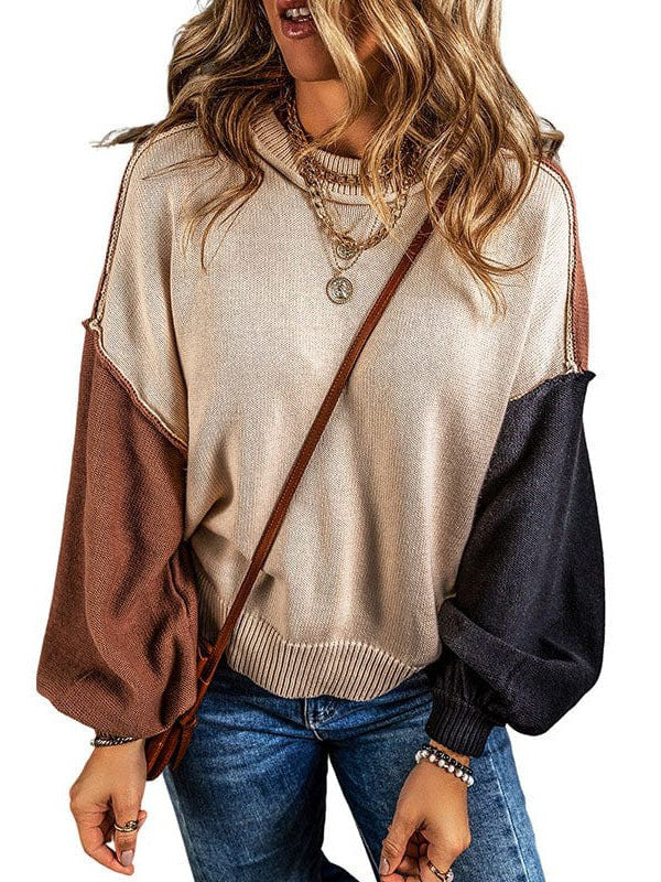 Loose Contrasting Color Women's Sweater with Long Sleeves