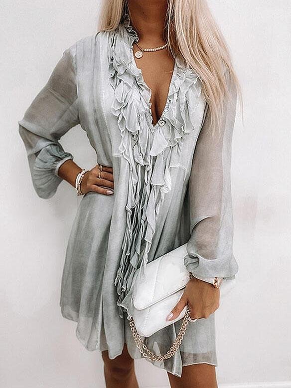 Loose Lapel Long Sleeve Chiffon Dress - Mini Dresses - INS | Online Fashion Free Shipping Clothing, Dresses, Tops, Shoes - 05/06/2021 - Category_Mini Dresses - Color_Green