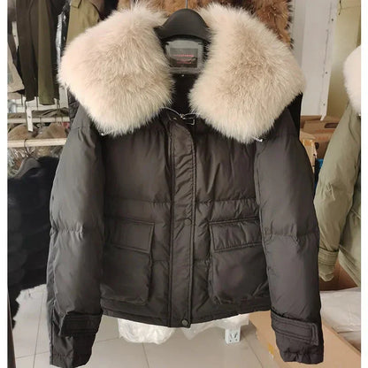 Loose Real Fox Fur Collar White Duck Down Women Winter Luxury Puffer Coat Oversize Feather Outwear winter jacket  -  GeraldBlack.com