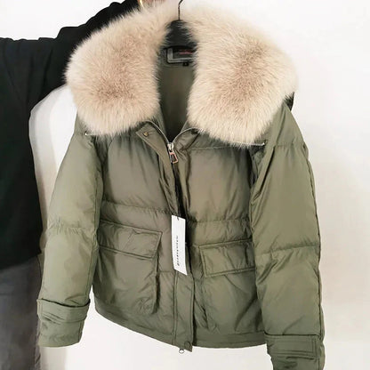 Loose Real Fox Fur Collar White Duck Down Women Winter Luxury Puffer Coat Oversize Feather Outwear winter jacket  -  GeraldBlack.com