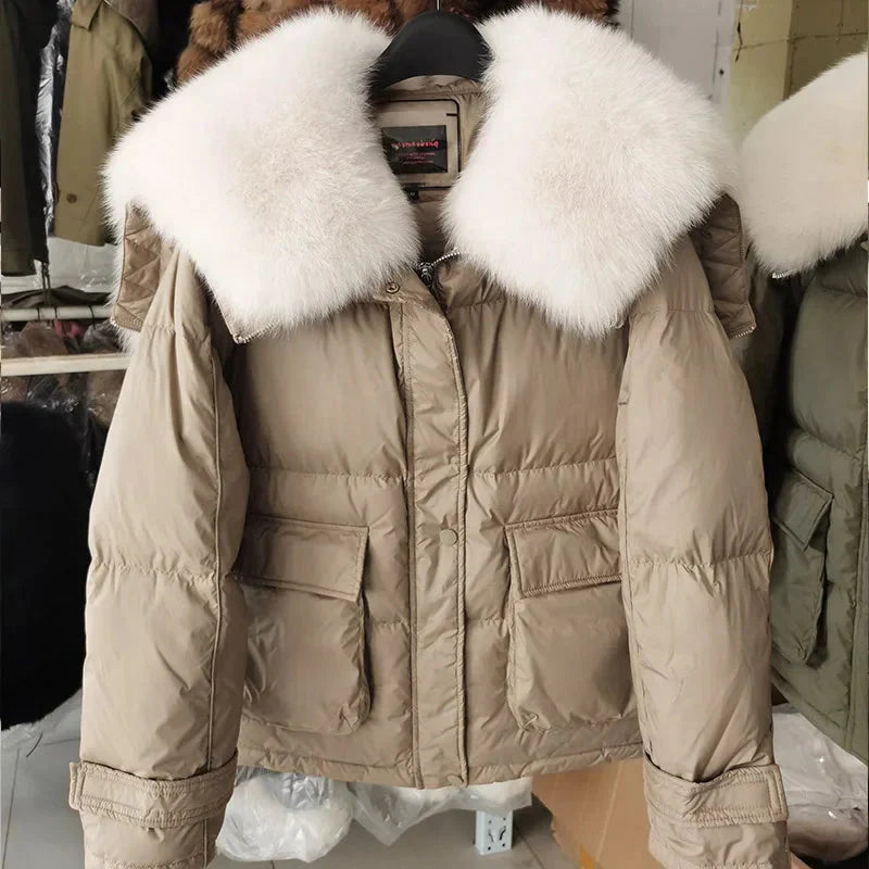 Loose Real Fox Fur Collar White Duck Down Women Winter Luxury Puffer Coat Oversize Feather Outwear winter jacket  -  GeraldBlack.com