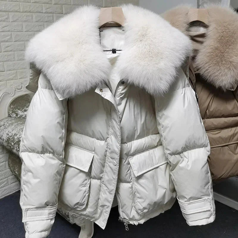 Loose Real Fox Fur Collar White Duck Down Women Winter Luxury Puffer Coat Oversize Feather Outwear winter jacket  -  GeraldBlack.com