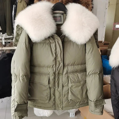 Loose Real Fox Fur Collar White Duck Down Women Winter Luxury Puffer Coat Oversize Feather Outwear winter jacket  -  GeraldBlack.com