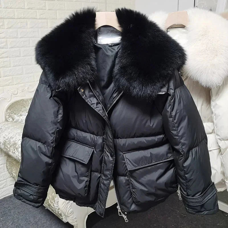 Loose Real Fox Fur Collar White Duck Down Women Winter Luxury Puffer Coat Oversize Feather Outwear winter jacket  -  GeraldBlack.com