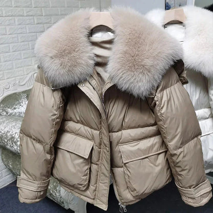 Loose Real Fox Fur Collar White Duck Down Women Winter Luxury Puffer Coat Oversize Feather Outwear winter jacket  -  GeraldBlack.com