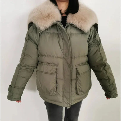 Loose Real Fox Fur Collar White Duck Down Women Winter Luxury Puffer Coat Oversize Feather Outwear winter jacket  -  GeraldBlack.com