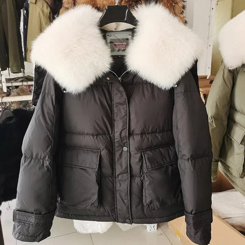 Loose Real Fox Fur Collar White Duck Down Women Winter Luxury Puffer Coat Oversize Feather Outwear winter jacket  -  GeraldBlack.com