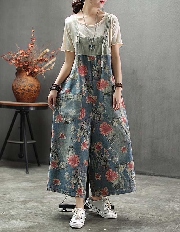 Retro Loose Printed Floral Women's Denim Jumpsuit Bottoms 49.00