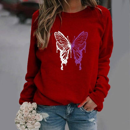 Fashion Colorized Butterfly Round Neck Sweater Printed-Wine Red-10