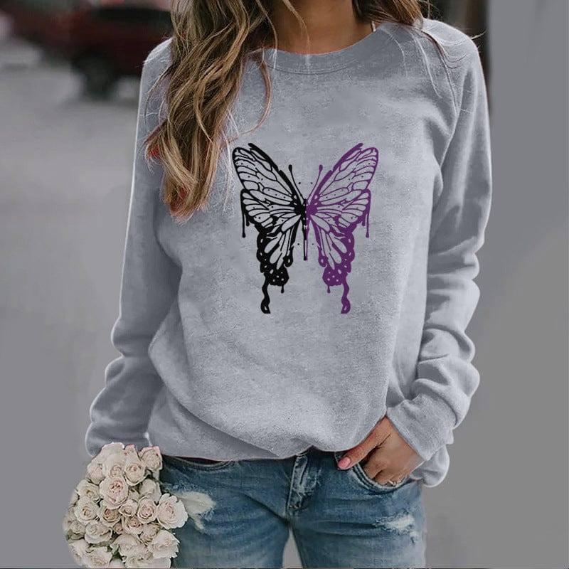 Fashion Colorized Butterfly Round Neck Sweater Printed-Gray-2