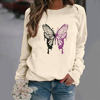 Fashion Colorized Butterfly Round Neck Sweater Printed-Khaki-7