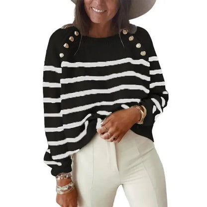 Striped Sweater Pullover Shoulder Button Sweater Women-White-3