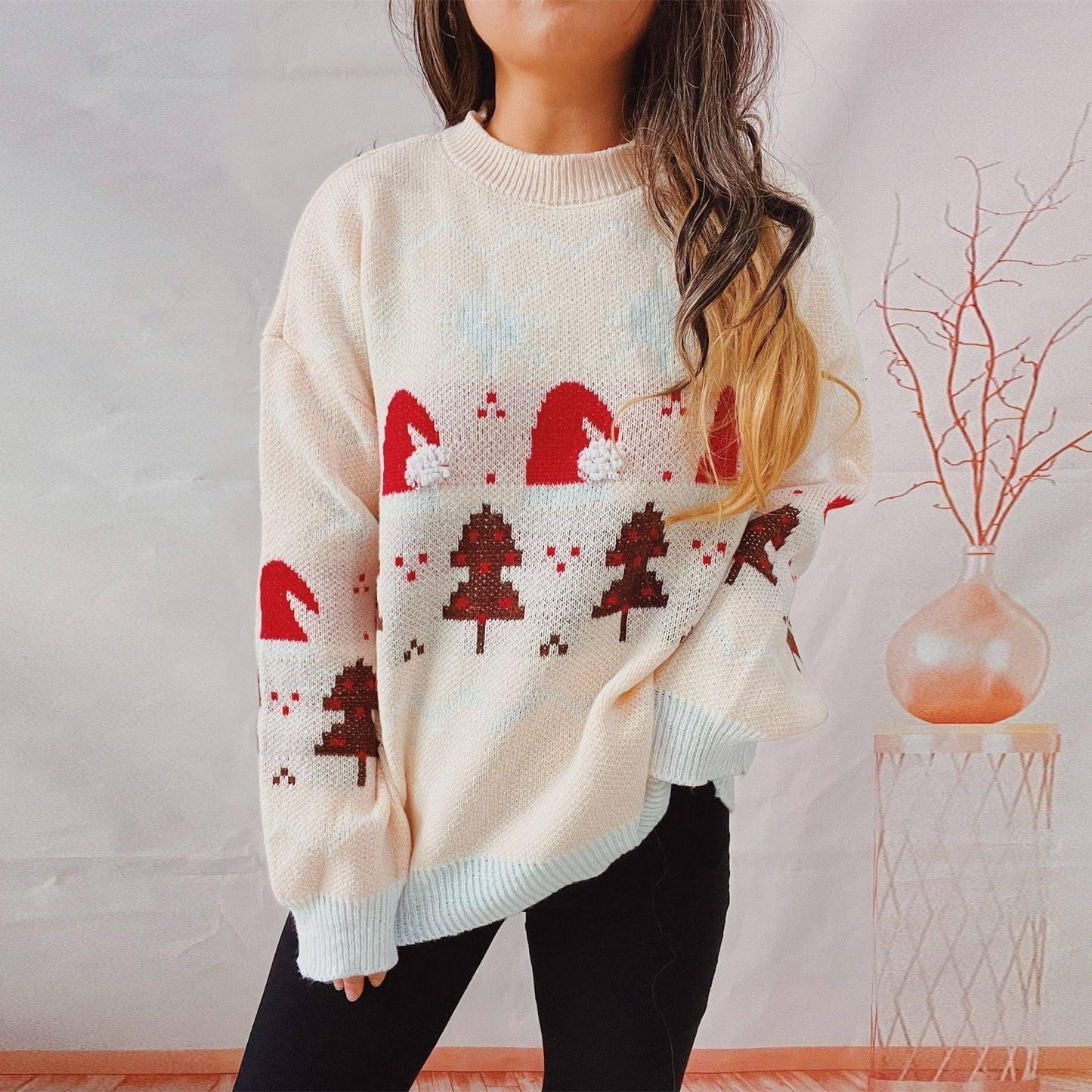 Women's Fashion Christmas Round Neck Long Sleeve Sweater-Red-9