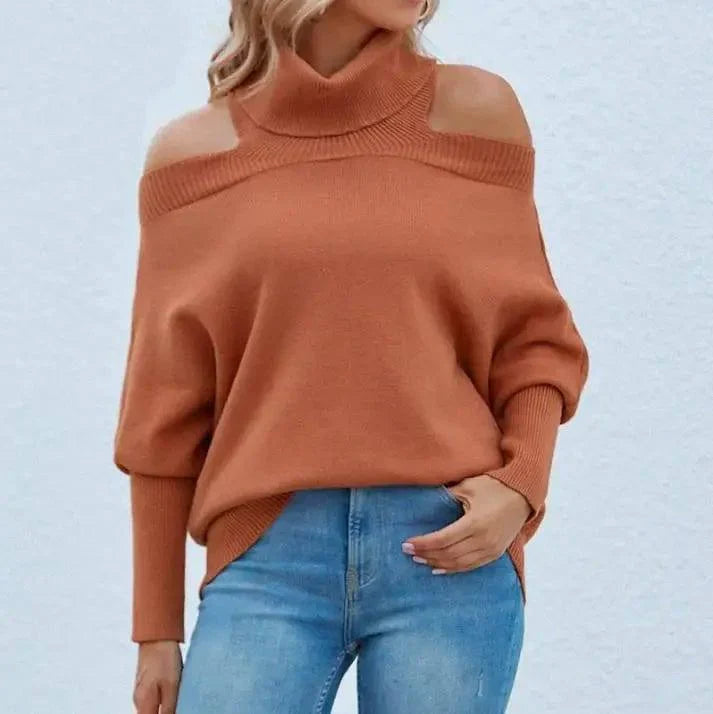 Womens Off Shoulder Sweaters Turtleneck Oversized Batwing-Apricot-5