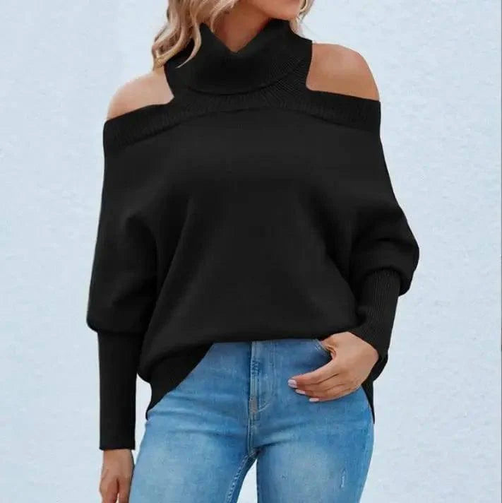 Womens Off Shoulder Sweaters Turtleneck Oversized Batwing-Apricot-5