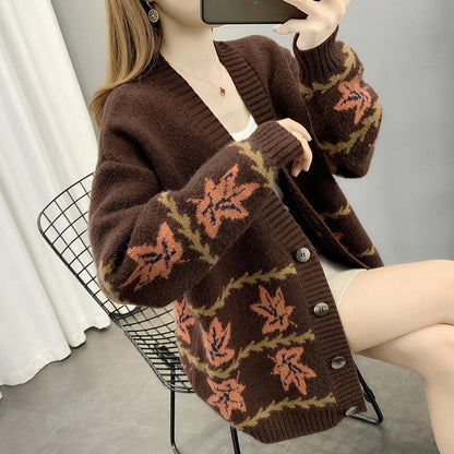 Maple Leaf Jacquard Knitted Cardigan Women's Loose Sweater - Trendha