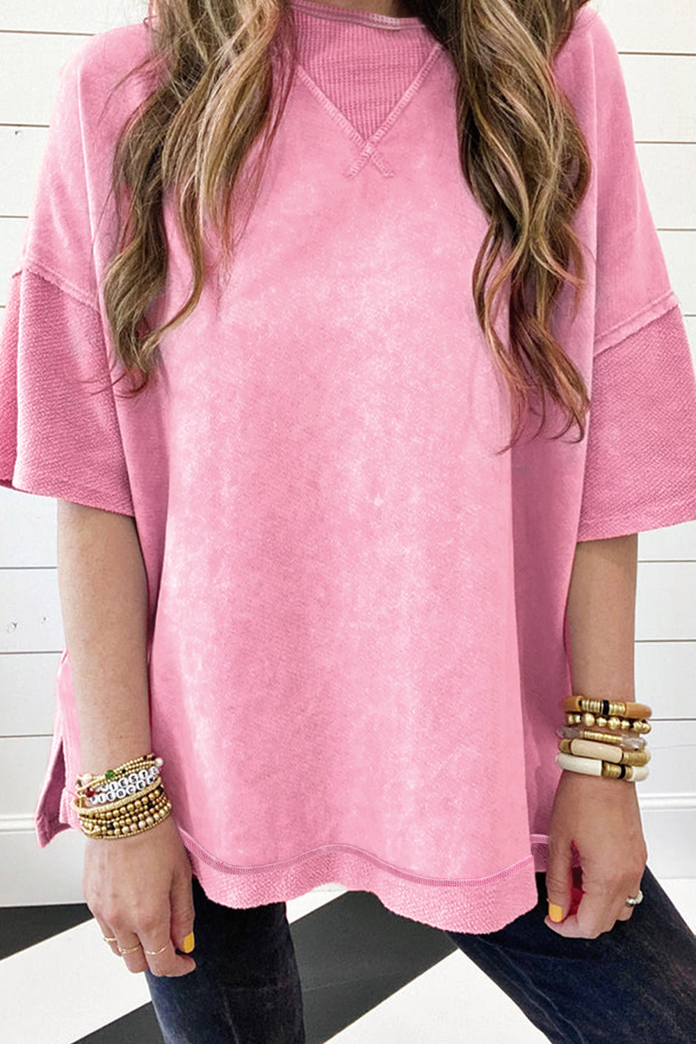 Mineral Wash Exposed Seam Drop Shoulder Oversized Tee - Tops & Tees - Sunny Angela