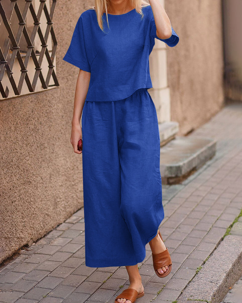 Short Sleeve Tops And Long Wide Leg Pants Casual Loose Fit Two Piece Loungewear Sets