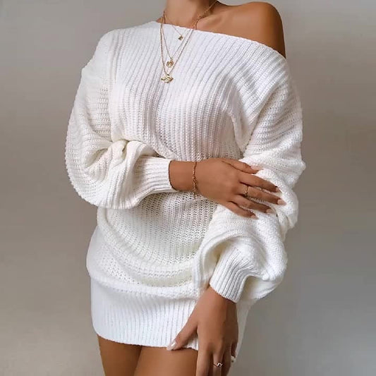 Women's Sweater Dress Winter Dress Black Wine Khaki White Long Sleeve Backless Winter Fall Off Shoulder Hot Casual Fit S M L XL Cotton - LuckyFash™