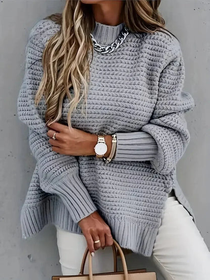 Casual Chunky Knit Mock Neck  Long Sleeve Split Pullover Sweater