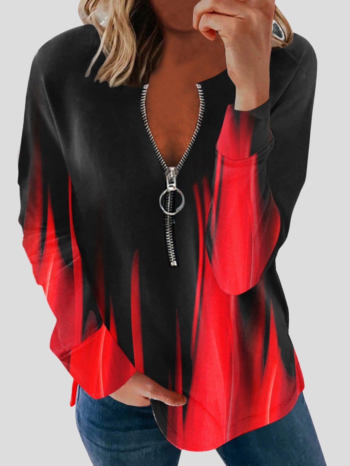 Blouses - Long Sleeve Printed Zipper Casual Blouses - MsDressly