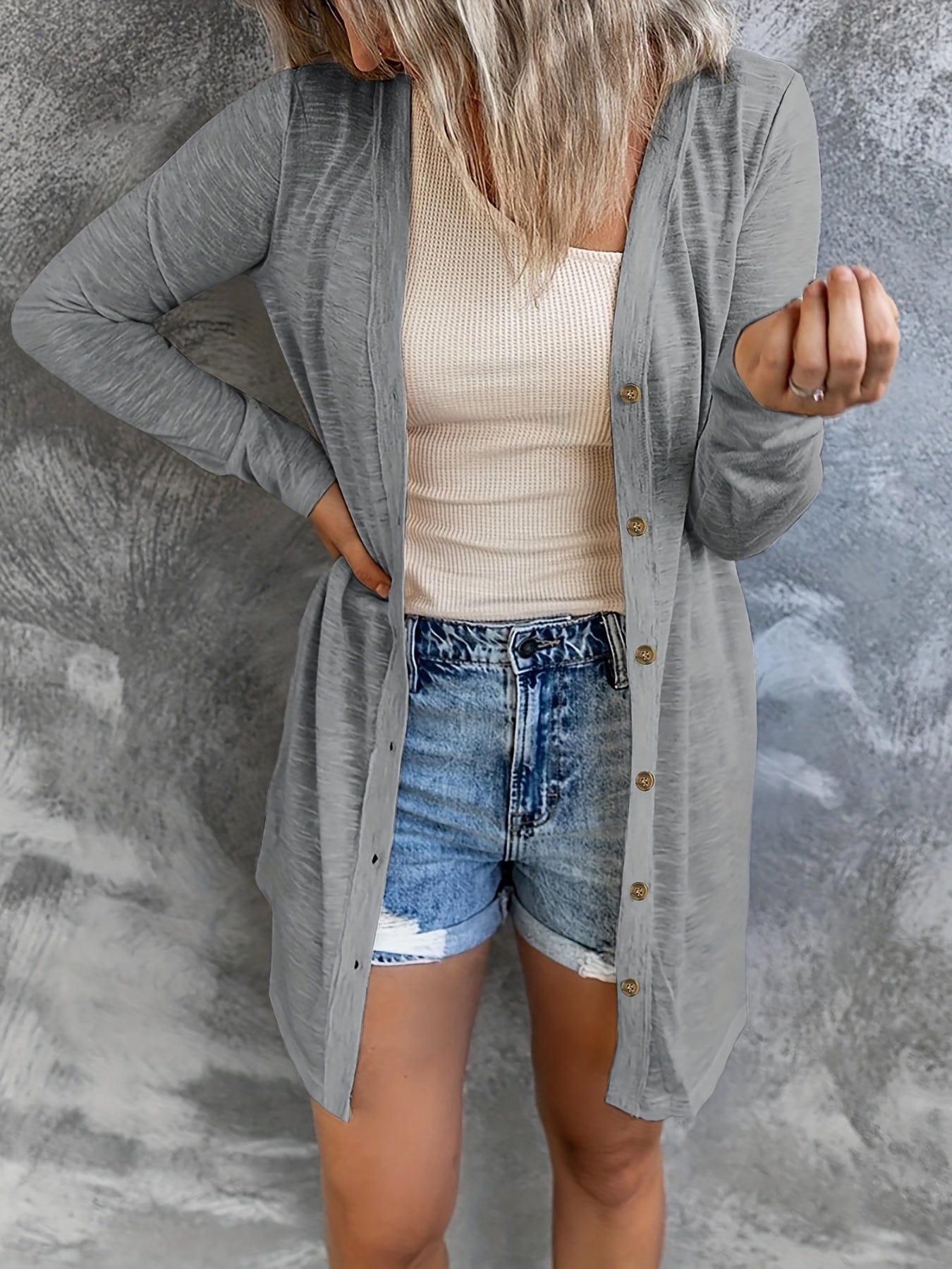 Plus Size Casual Cardigan, Women's Plus Solid Round Neck Button Up Long Sleeve Cardigan PLU2309B4273GRE1XL(14) Gray / 1XL(14)