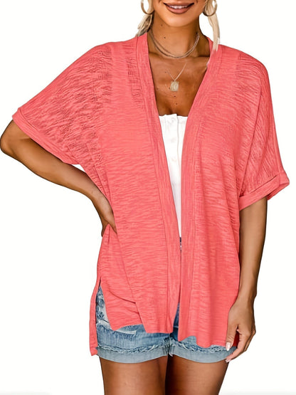 Plus Size Casual Cardigan, Women's Plus Solid Short Sleeve Open Front Slight Stretch Cardigan