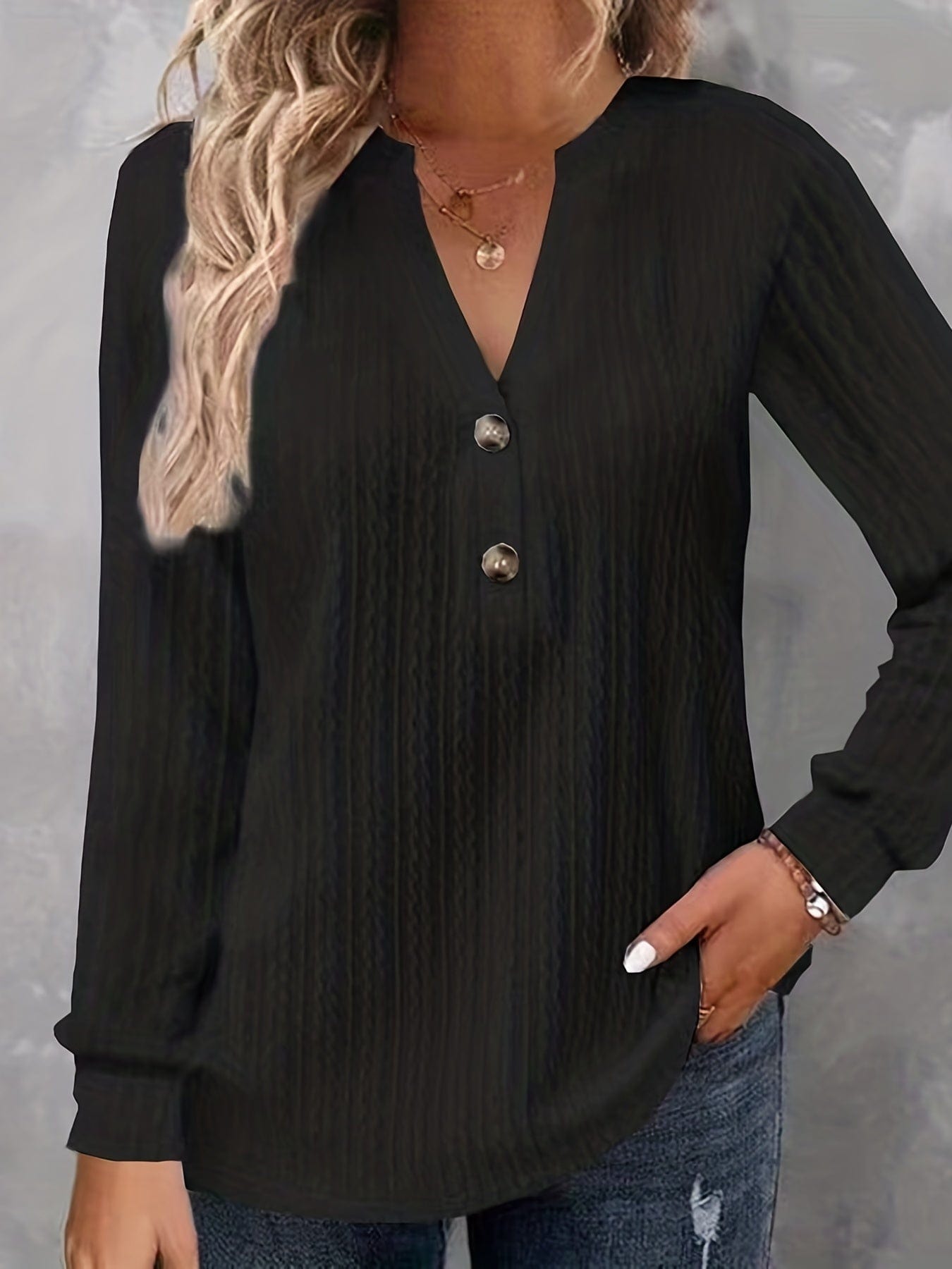 Plus Size Casual Top, Women's Plus Solid Cable Long Sleeve Button Decor V Neck Slight Stretch Top