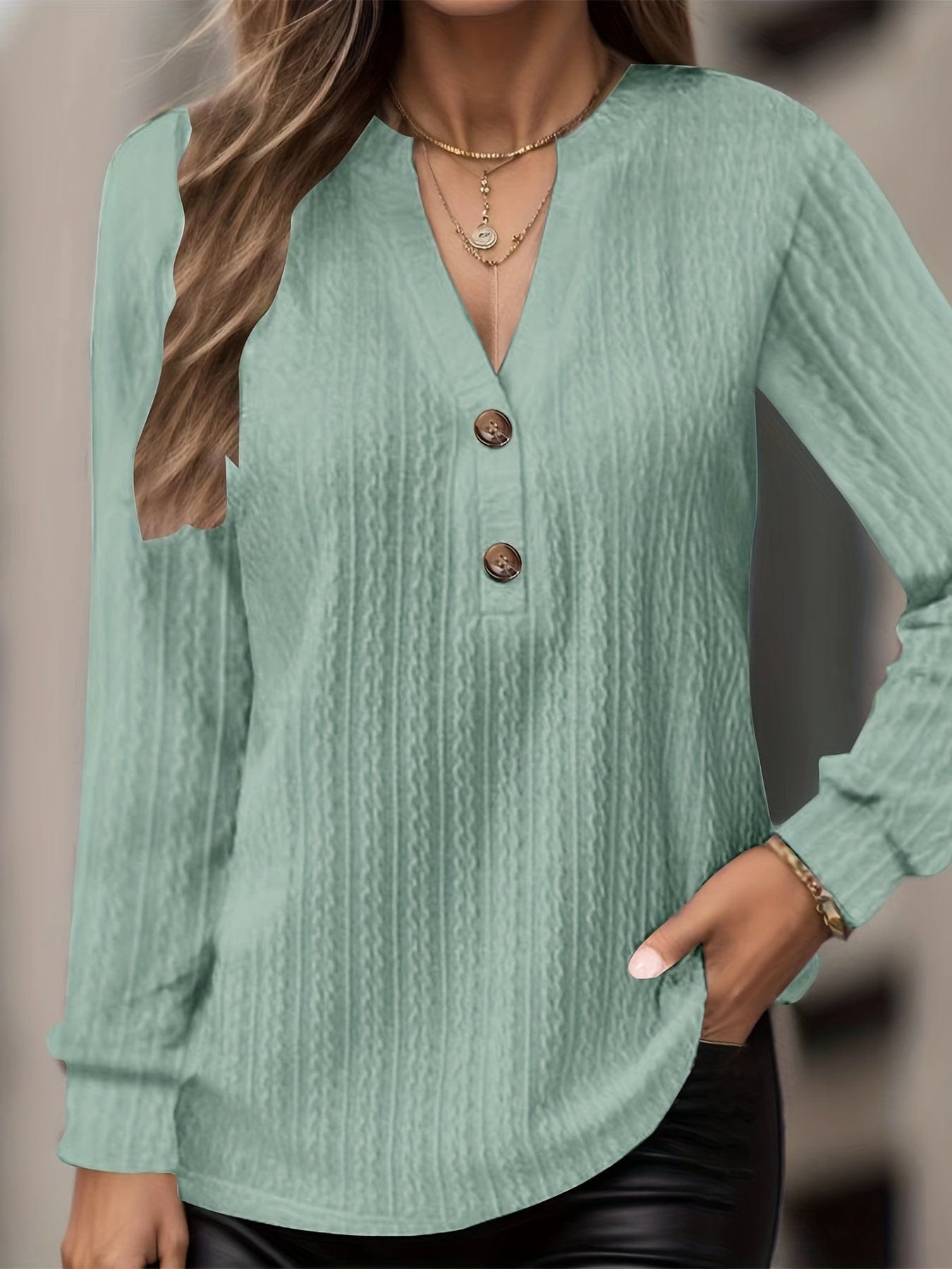 Plus Size Casual Top, Women's Plus Solid Cable Long Sleeve Button Decor V Neck Slight Stretch Top