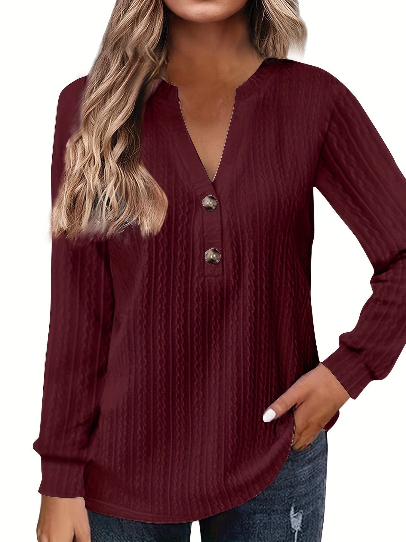 Plus Size Casual Top, Women's Plus Solid Cable Long Sleeve Button Decor V Neck Slight Stretch Top