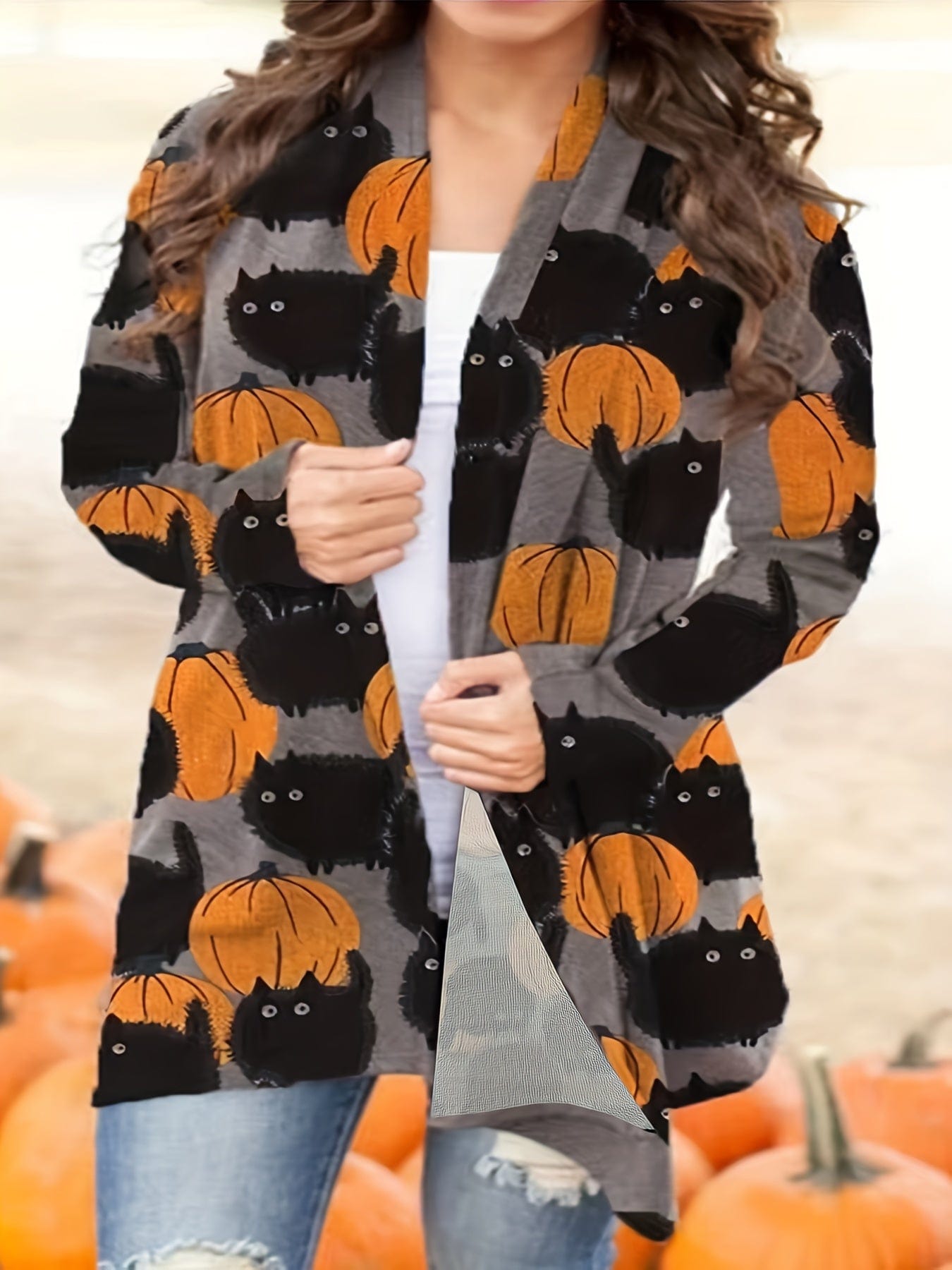 Plus Size Halloween Casual Cardigan, Women's Plus Graphic Print Long Sleeve Open Front Cardigan