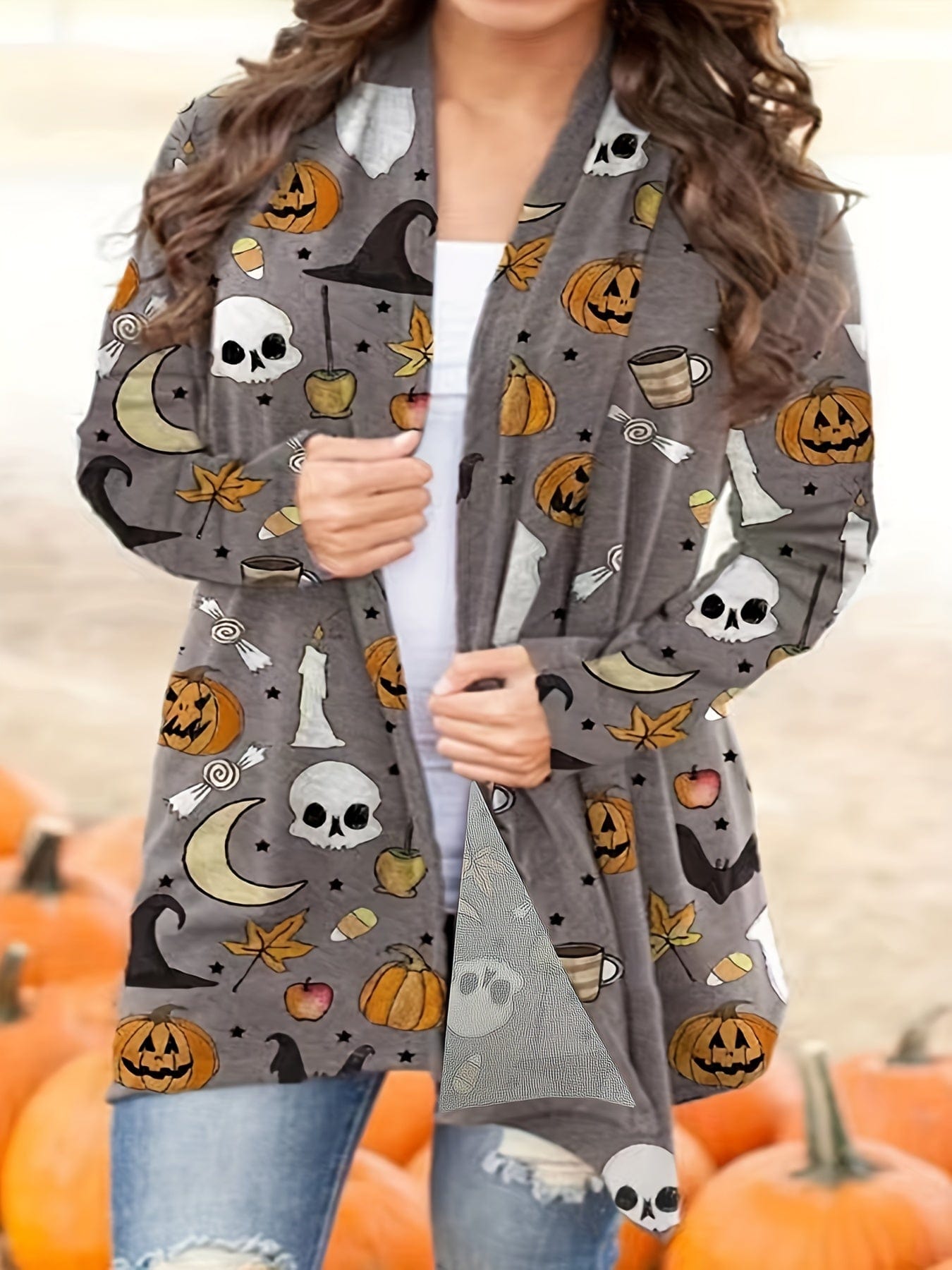 Plus Size Halloween Casual Cardigan, Women's Plus Graphic Print Long Sleeve Open Front Cardigan