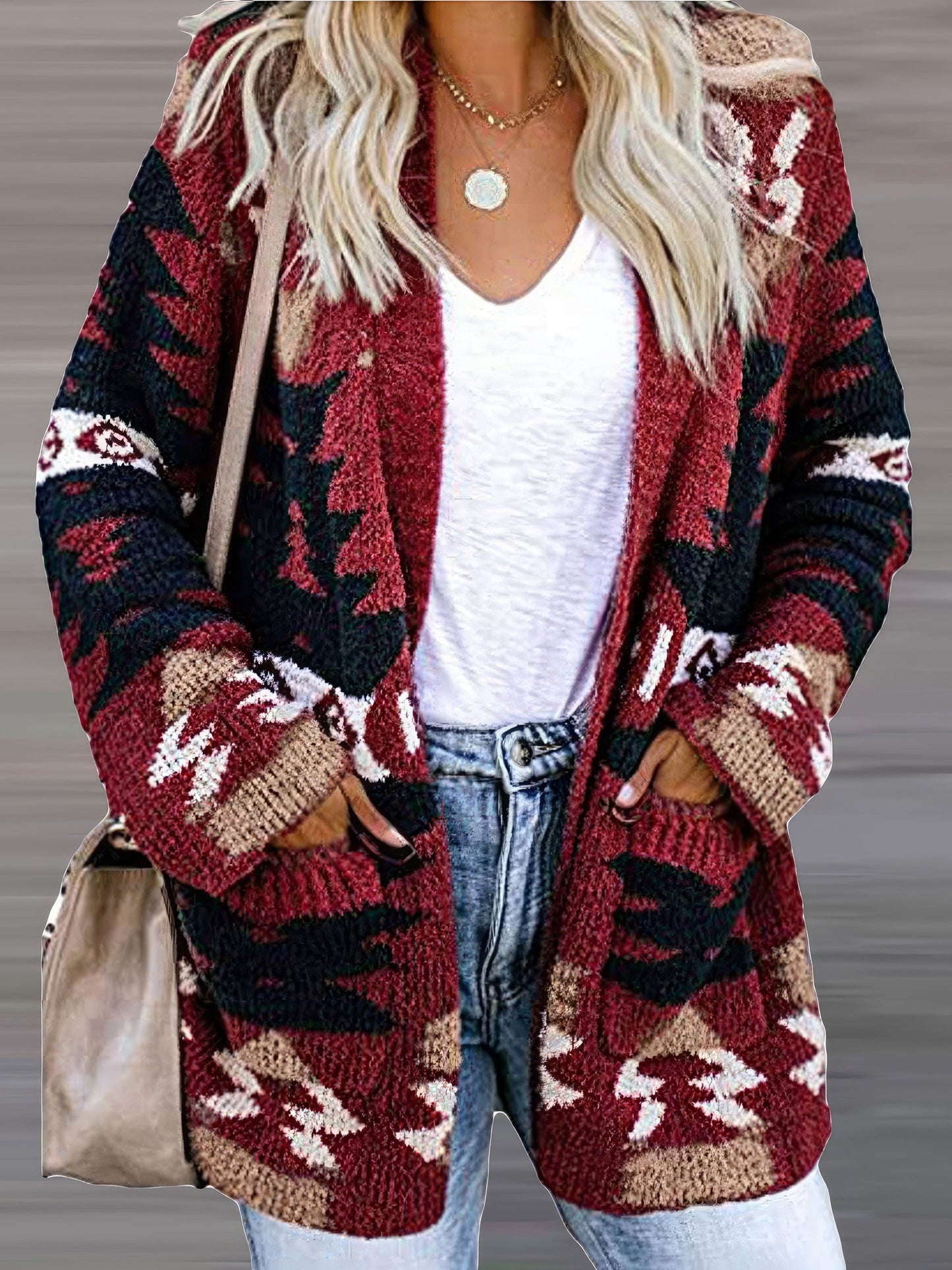 MsDressly Cardigans Printed Pocket Casual Long Sleeve Knitted Cardigan CAR2108191118BLUS