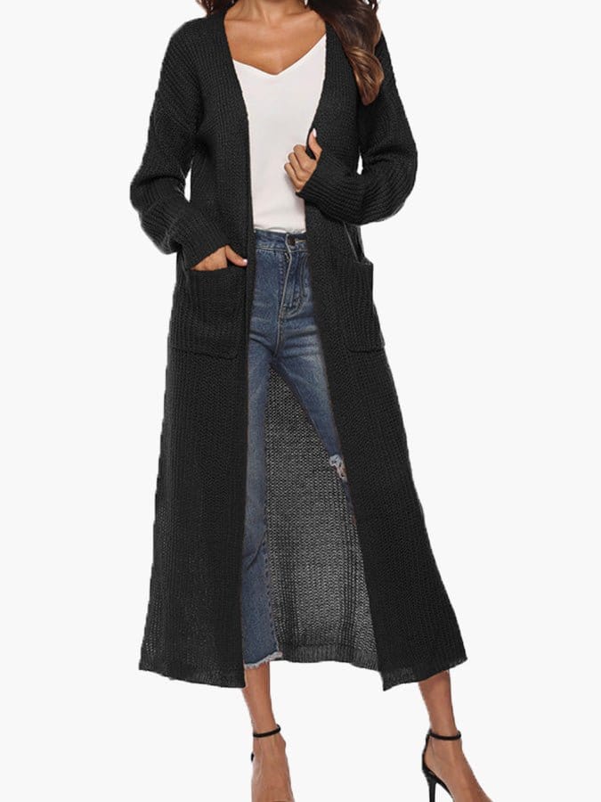 Cardigans - Solid Pocket Slit Long Sweater Cardigan - MsDressly