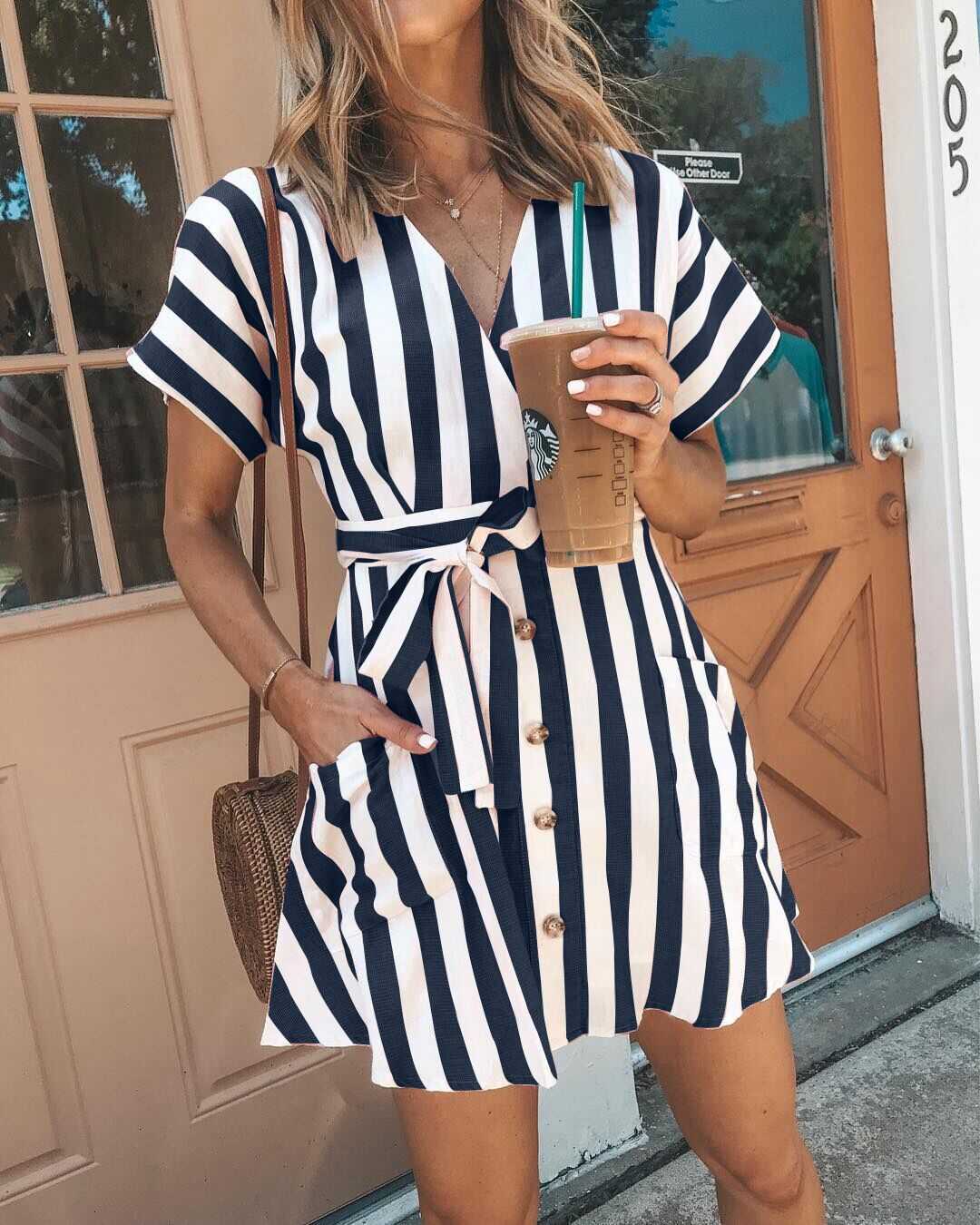 Classic Casual Deep V Neck Tie Waist Vertical Striped Bodycon dress