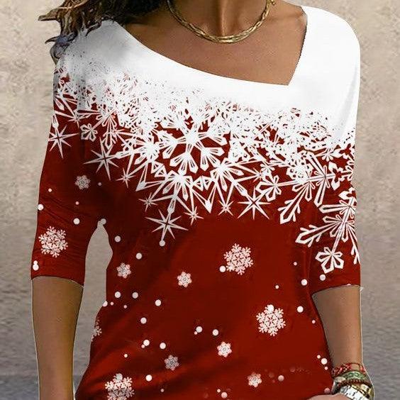 New Christmas Elements Printed Long-sleeved Diagonal Collar Pullover T-shirt For Women - Trendha