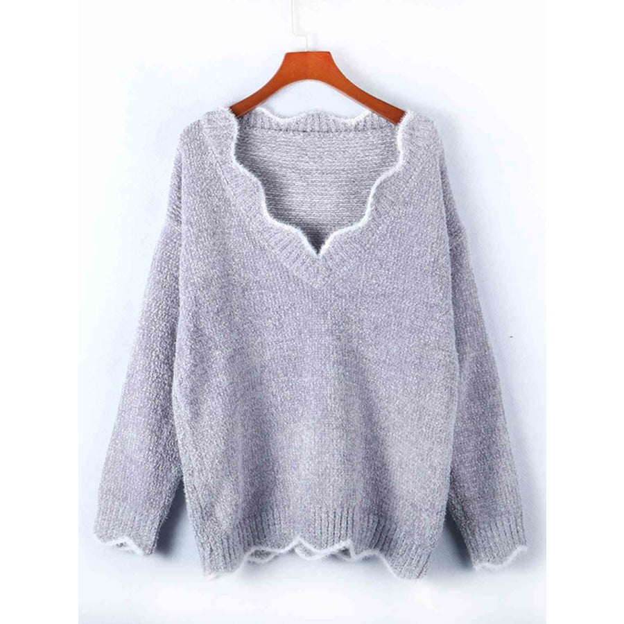 Notched Dropped Shoulder Long Sleeve Sweater Sweater