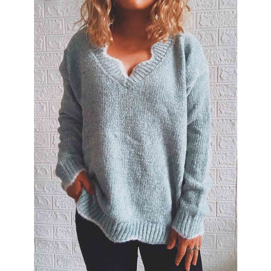 Notched Dropped Shoulder Long Sleeve Sweater Sweater