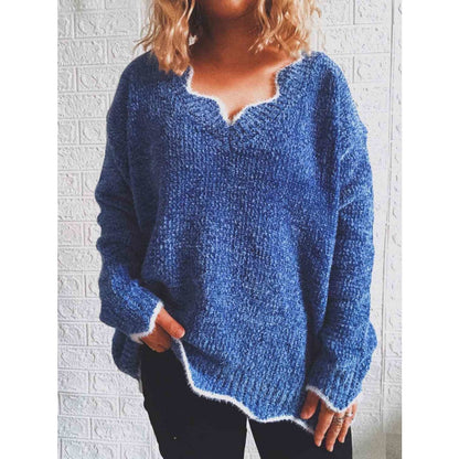 Notched Dropped Shoulder Long Sleeve Sweater Sweater