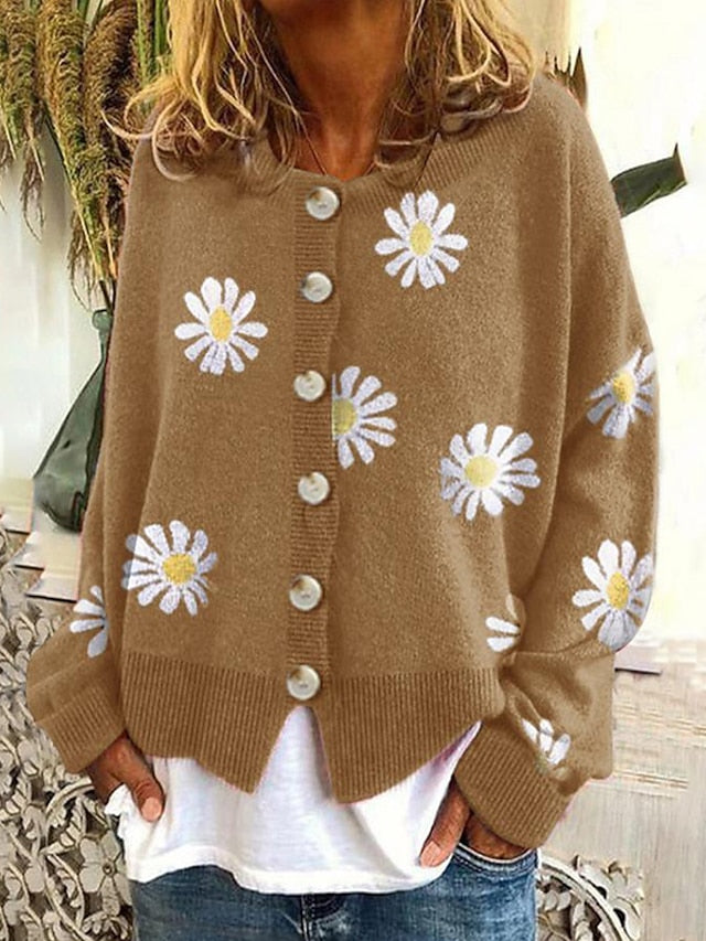 Women's Cardigan Knitted Button Print Floral Daisy Stylish Basic Casual Long Sleeve Regular Fit Sweater Cardigans Open Front Fall Winter Spring Blue Black Gray / Going out