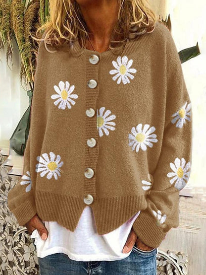 Women's Cardigan Knitted Button Print Floral Daisy Stylish Basic Casual Long Sleeve Regular Fit Sweater Cardigans Open Front Fall Winter Spring Blue Black Gray / Going out