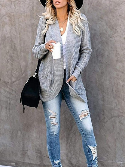 Women's Cardigan Pocket Knitted Solid Color Basic Casual Chunky Long Sleeve Loose Sweater Cardigans Open Front Fall Winter Beige - LuckyFash™